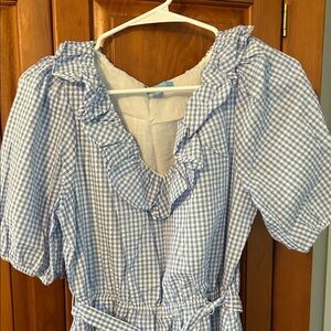 Draper James Blue and White Gingham Midi Dress with Ruffle Neck